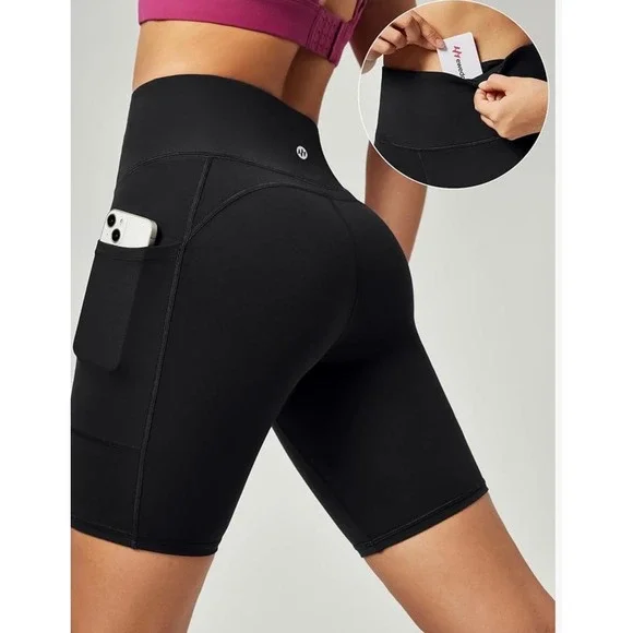 Ewedoos Women Black High Waist Biker Shorts with Pockets XS - Picture 3 of 3